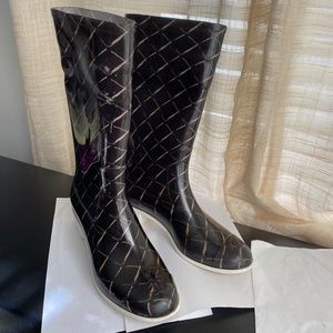 Chanel black white rainboots rain boots 39-8.5 CC logo rubber under knee high